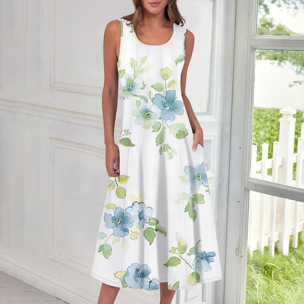 Women's Casual Fashion Floral Print Round Neck Sleeveless Midi Dress