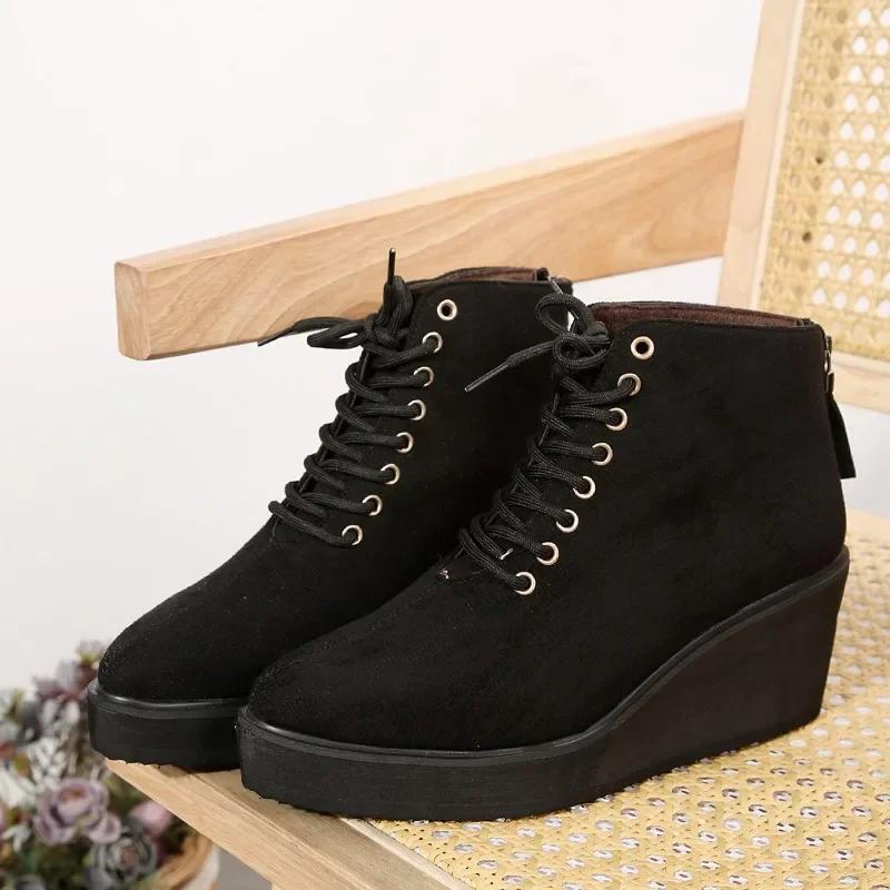 

Fashion 2024 Fashion Ladies Shoes Lace Up Women s Boots Winter Suede Solid Short Barrel Platform Wedge Plus Size Boots Zapatos De Mujer 36 чёрный