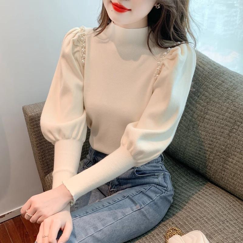 Womens Half Turtleneck Knit Sweater Solid Color Lantern Sleeve Slim Fit Top Winter