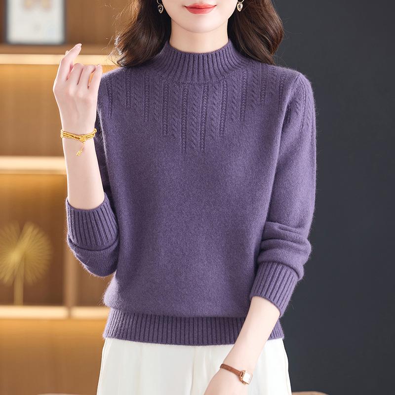 Women's Thickened Cashmere Sweater - Autumn/Winter New Style, Half-High Collar, Warm Wool Base Layer.
