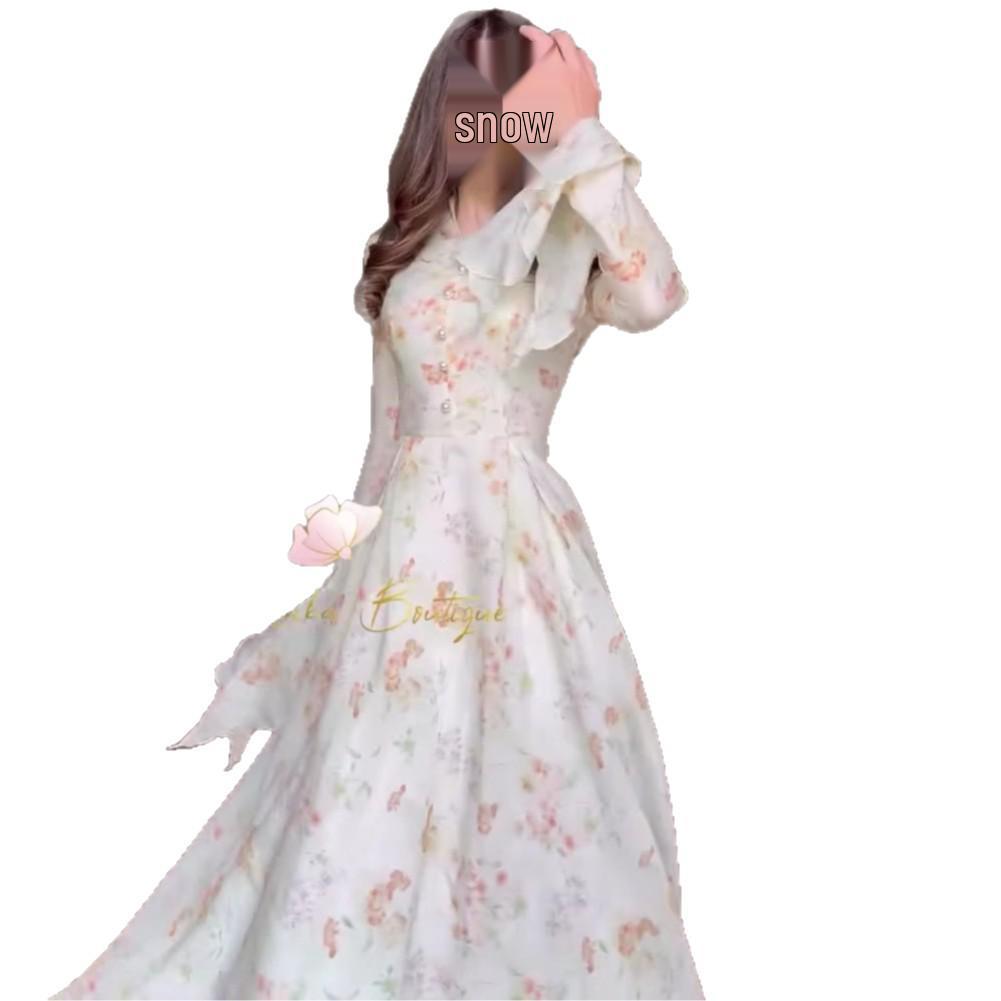 2025 Autumn French-Style Long Square Neck Printed Dress for Women