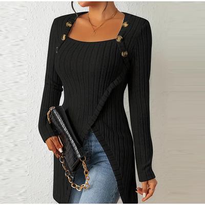Elegant Women Long Sleeve Sweater Fashion Button Knit Square Collar Off Shoulder Casual Commuting Pullover Autumn Winter