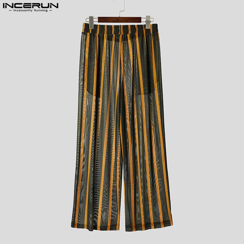 INCERUN Two-piece Men Long Sleeve Striped Mesh Sheer Crop Tops Elastic Waist Pants Sets