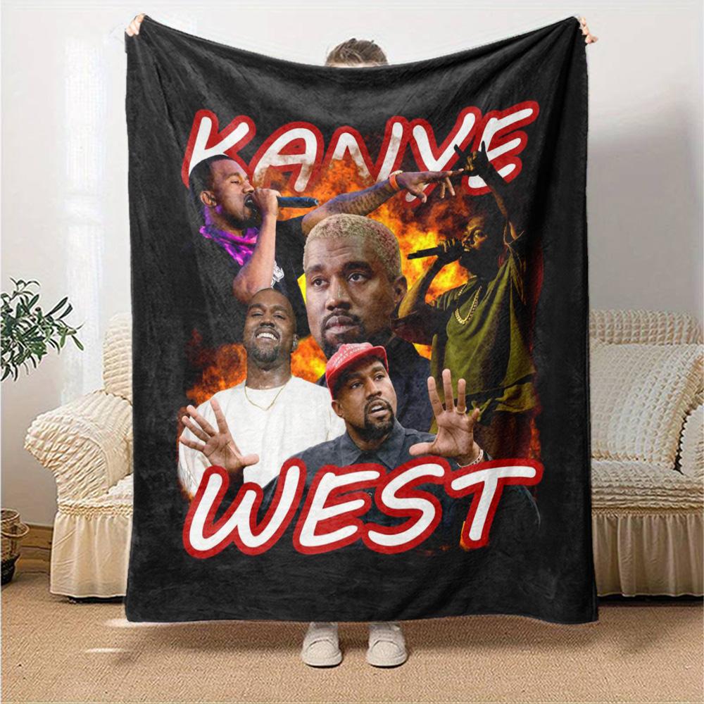 Kanye West Rapper Portrait Collage Print Flannel Blanket Soft Warm Throw Blanket Hip‑hop Fan Sofa Bed Decor