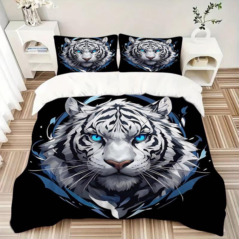 3pcs Blue Eyed White Tiger Bedding Set - Includes 1 Quilt Cover and 2 Pillowcases, Comfortable Bedding with Stylish Design for Bedroom, Mach
