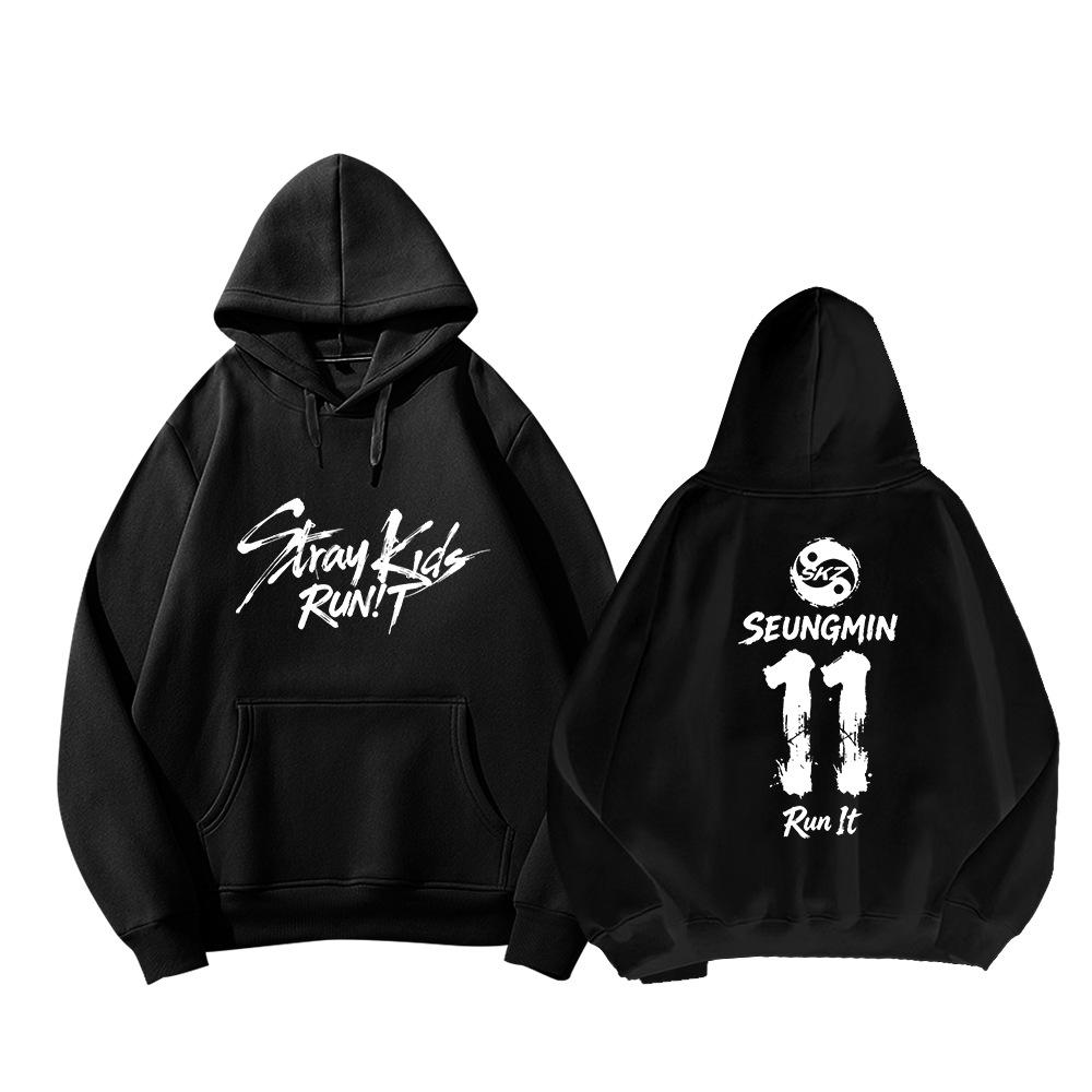 Stray Kids Run It Sweat à capuche Merch Kpop Unisexe Pull Décontracté Sweatshirt Nom du Membre Manches Longues Streetwear Top (Style polaire pour l'automne et l'hiver)