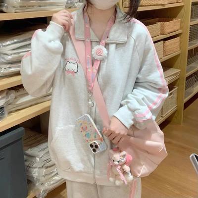 Japonská móda Kawaii mikina so zipsom dámska Harajuku roztomilá ružová mačka výšivka nadrozmerná mikina s kapucňou zima
