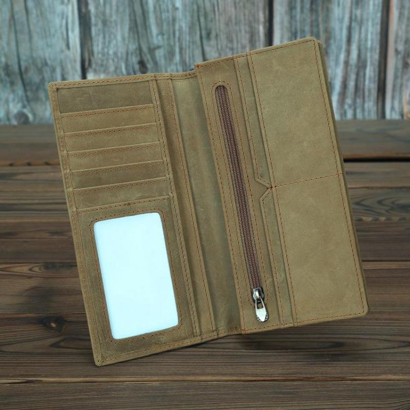Crazy Horse Echtes Leder Bifold Lange Geldbörse für Herren Vintage Klassisch Rindsleder Herren Geldbörse Langlebiges Karten Bargeld Portemonnaie