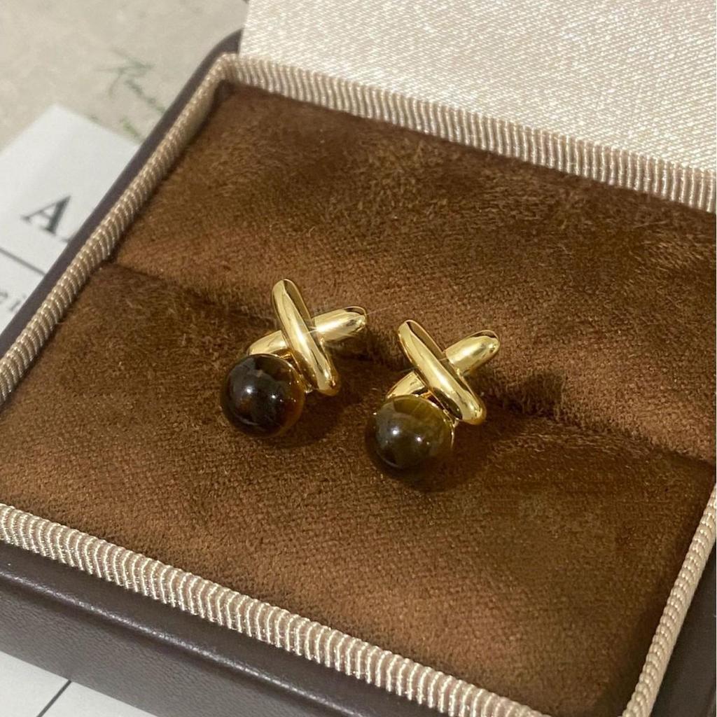 French Gold Cross Tiger Eye Stud Earrings: Melange Style, Light Luxury, Unique Design for Women