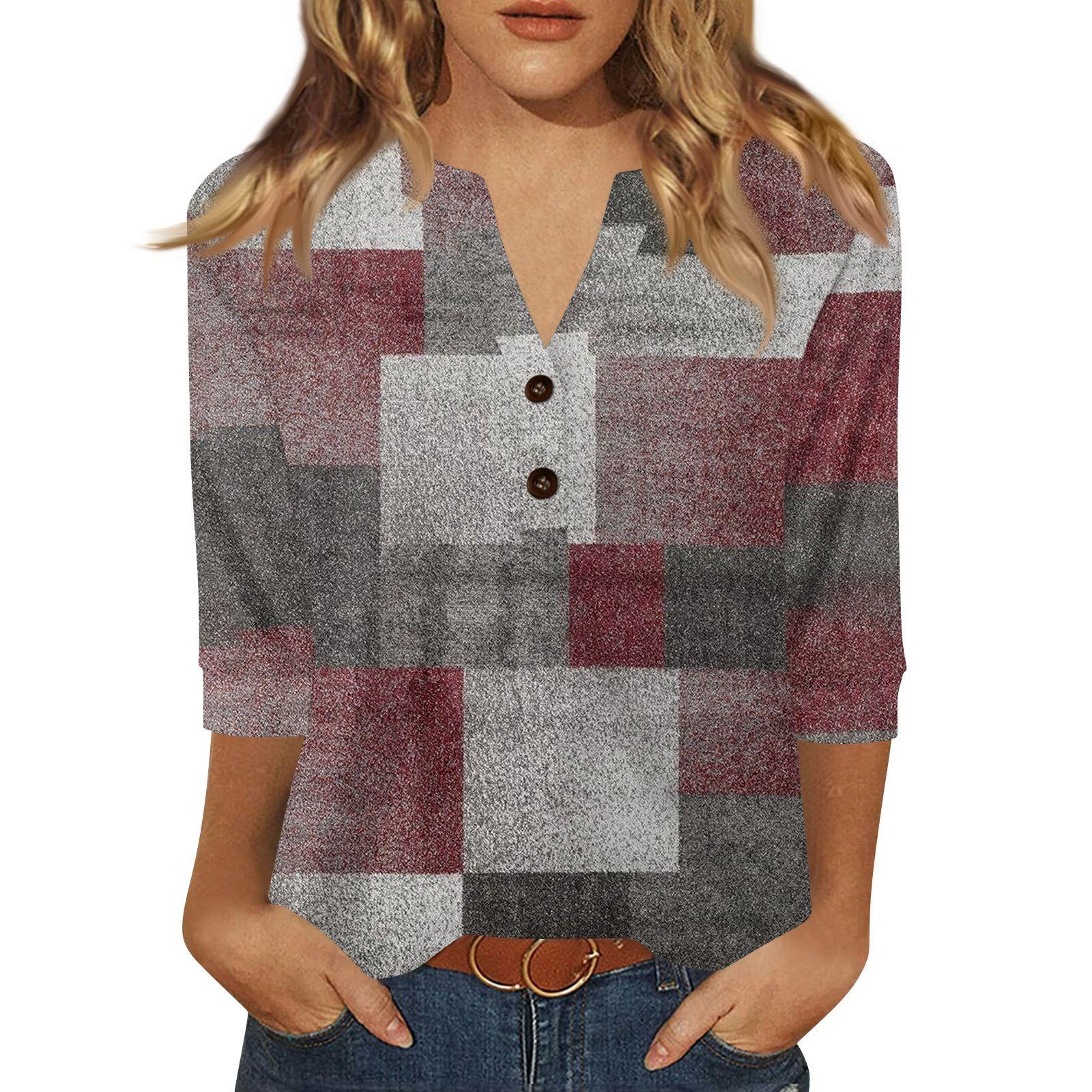 

Women s T Shirt Print Button 3/4 Sleeve Daily Weekend Fashion Basic V- Neck Regular Top XL винний