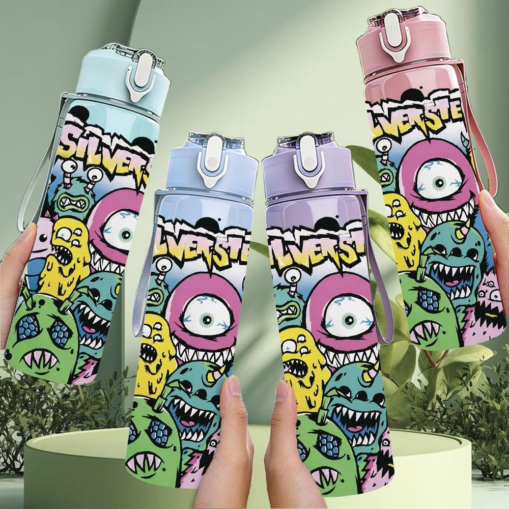 1PC Graffiti Monster Cartoon 750ml sports water bottle leakproof straw lid outdoor office home