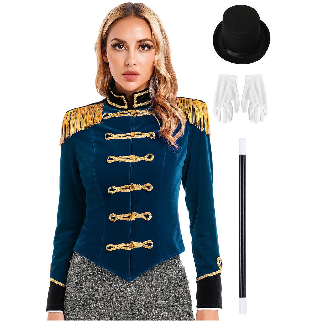 Women Ringmaster Costume Long Sleeve Jacket Stand Collar Fringe Shoulder Boards Golden Trim Hat Gloves Magic Set