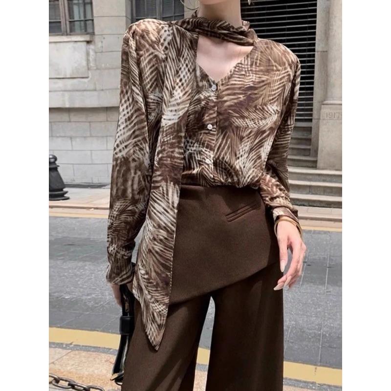 Womens Tropical Palm Leaf Print Tie Neck Blouse S коричневый