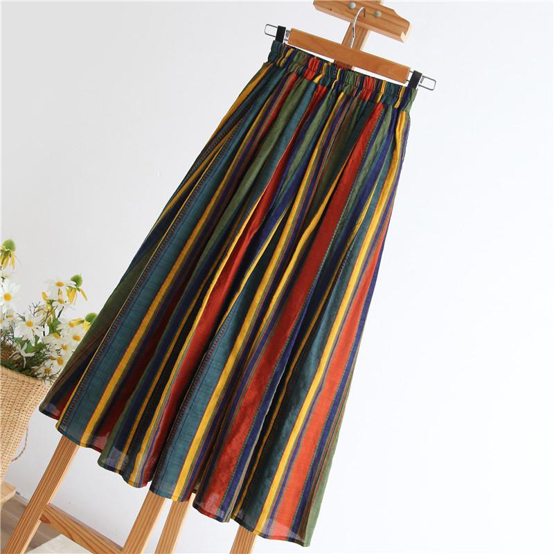 Japanese Mori Girl Women Midi Colorful Skirt High Waist Striped A-Line Skirt Cotton Linen Vintage Elegant Ladies Casual Skirt