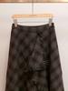 Autumn/Winter French Retro Plaid A-line Skirt with Irregular Frayed Edges