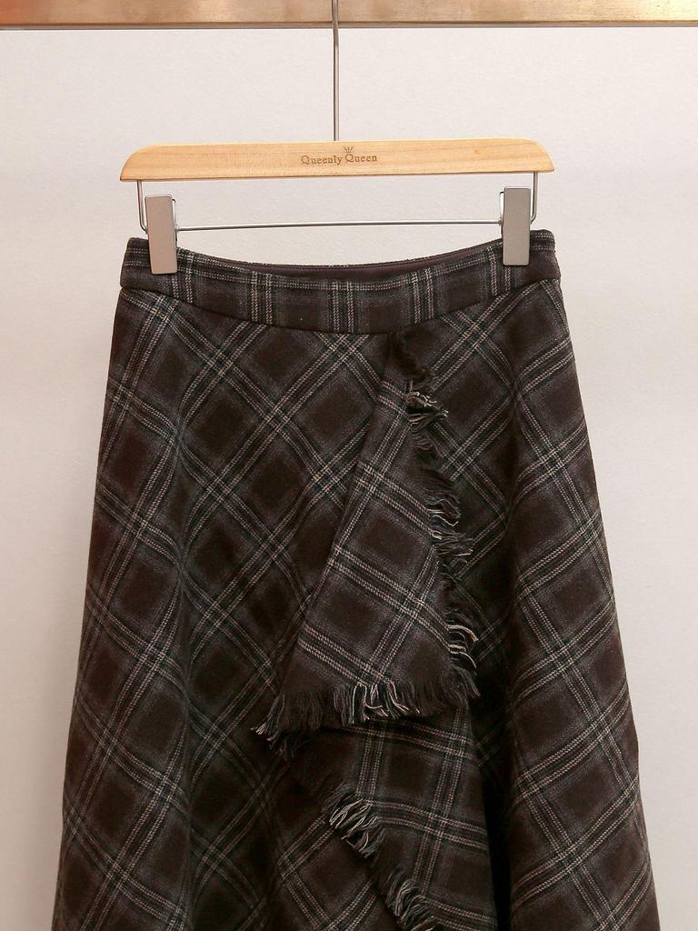 Autumn/Winter French Retro Plaid A-line Skirt with Irregular Frayed Edges