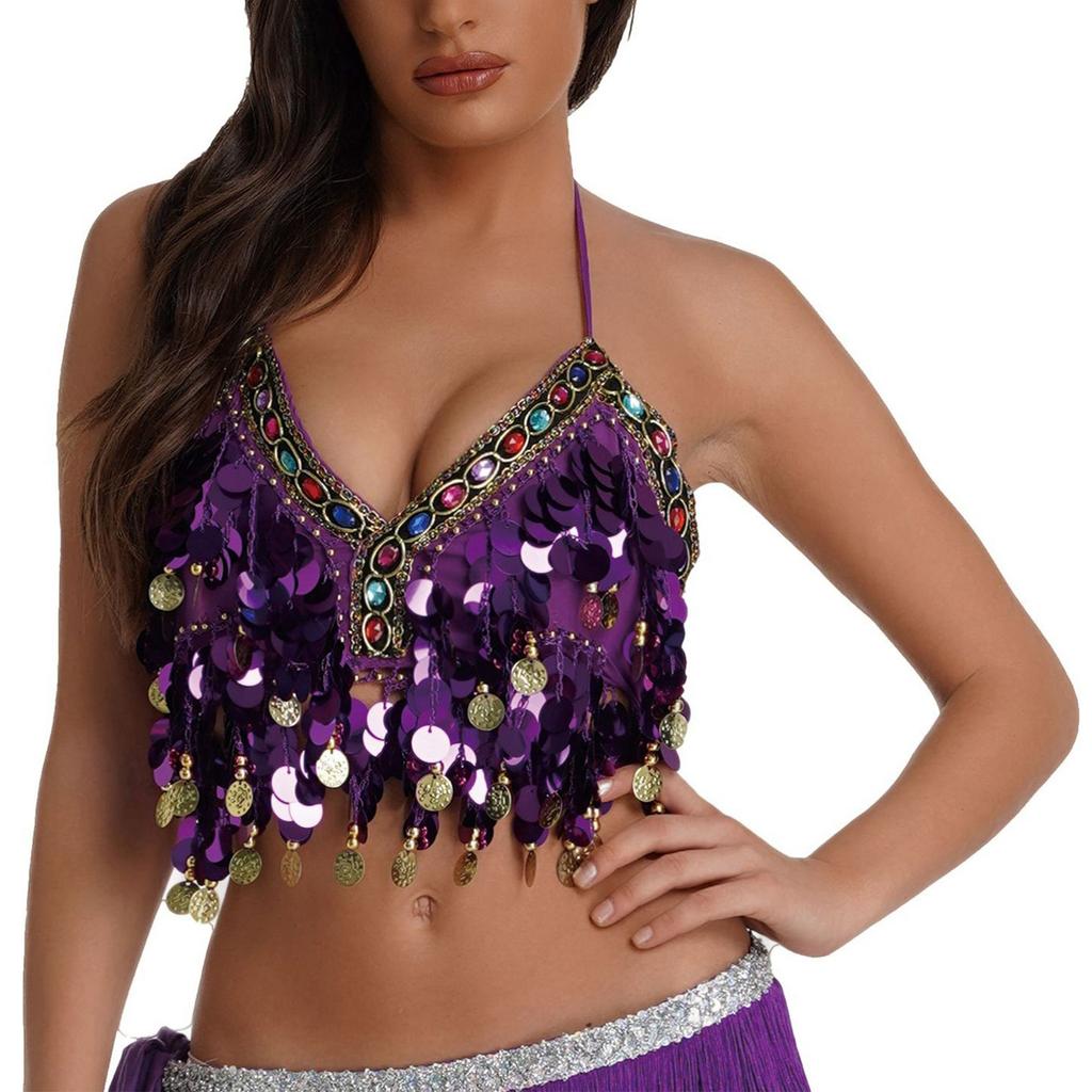 Sujetador de Danza del Vientre con Lentejuelas Sin Tirantes para Mujer Top de Actuación con Lentejuelas de Pedrería