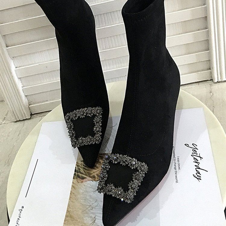 Small Short Boots 2025 New Women's Winter One-pedal Thin Leg Socks Boots Rhinestone Square Buckle Pointed Middle Heel Short Boots
