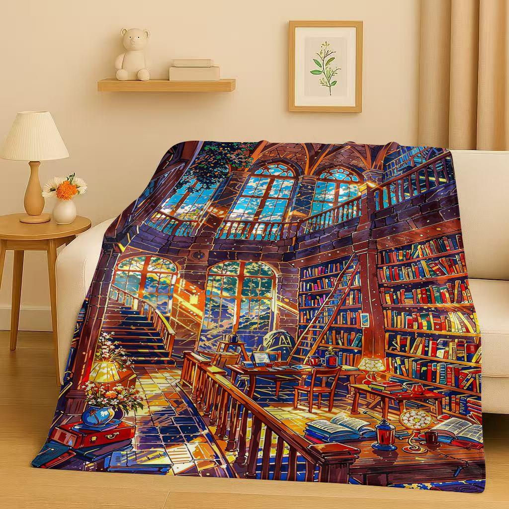 HD Retro Magic Book Library Bookshelf Flannel Blanket,Ultra Soft Warm Plush Throw for Home Bedroom Bed Sofa Cover Office Gift