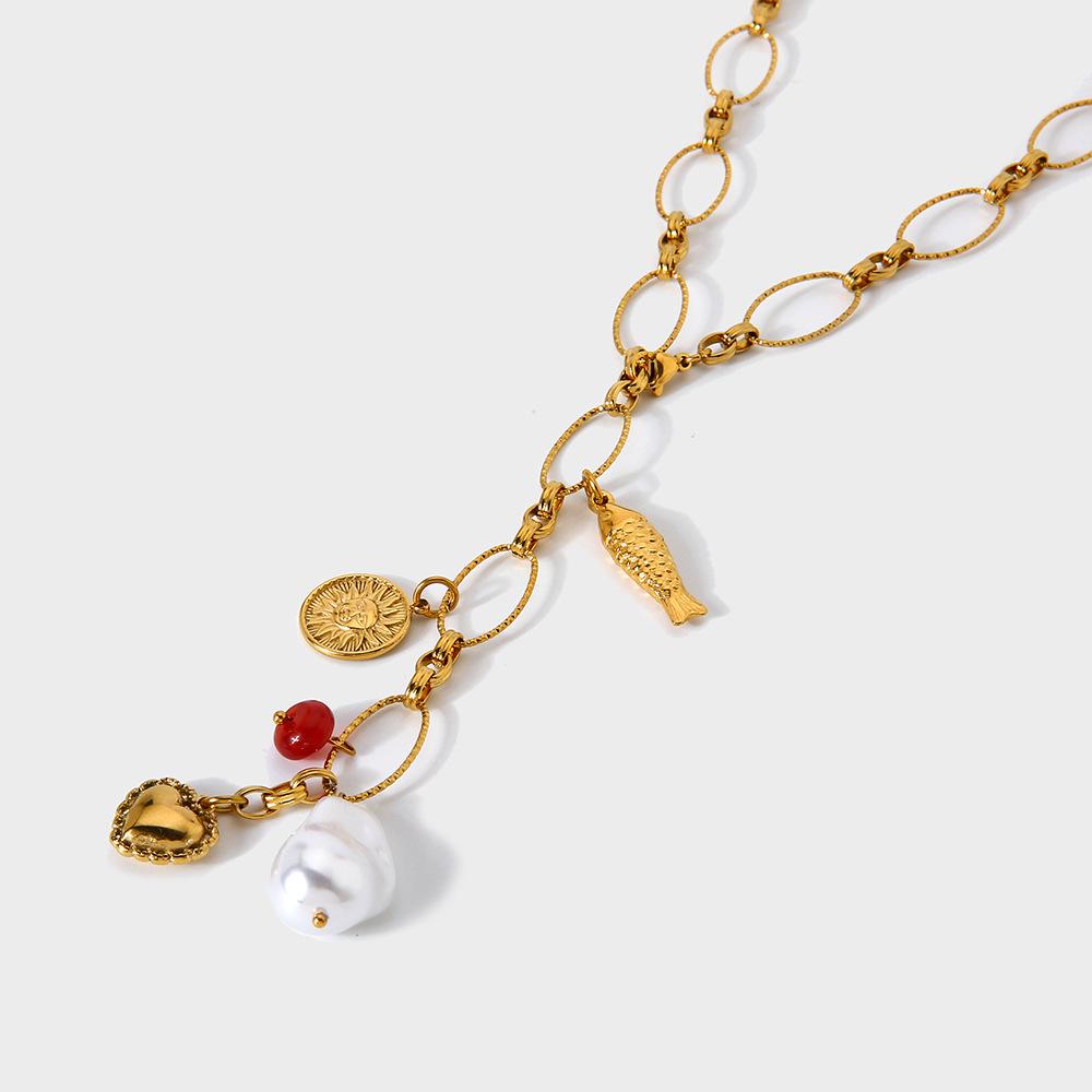 Vintage Baroque Imitation Pearl Carp Love Pendant Necklace Women's Plated 18k Gold Stainless Steel Oval O-Chain