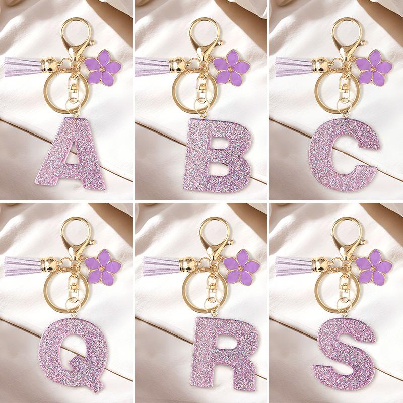 Flash Powder 26 English letters, diy, Resin keychain, purple flower, pendant, bag pendant, keychain, Christmas gift, Stocking stuffers