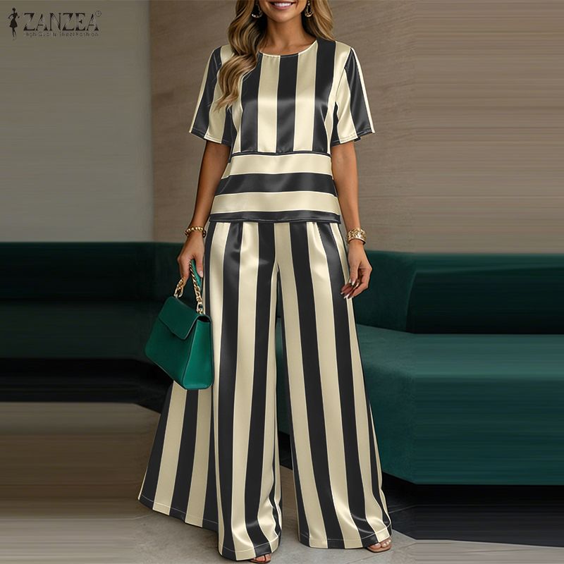 ZANZEA Women Short Sleeve Blouse and Pants Stripe Print Two Piece Suit Sets