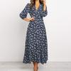 Women Dress Deep V Neck High Waist Sweet Lantern Sleeve Colorfast Ninth Sleeves Vintage Style Ankle Length Flower Print Autumn Dress Women Clothes