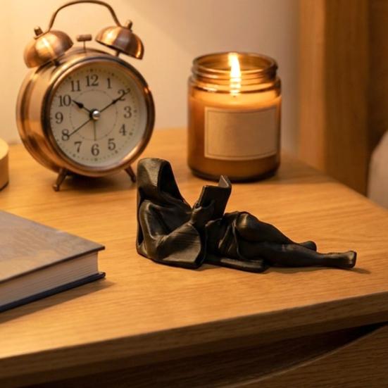 Gothic Fantasy Black Robe Reading Statue 3D Printed Mystery Lying Reading Sculpture for Halloween Shelf Desktop Decor