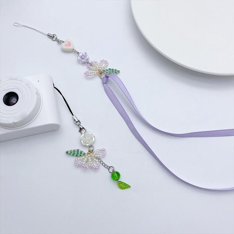 Handmade Floral Charm Lanyard Fashionable Beaded Floral Phone Chain with Unique Handmade Charm Keychain Charm Accessory
