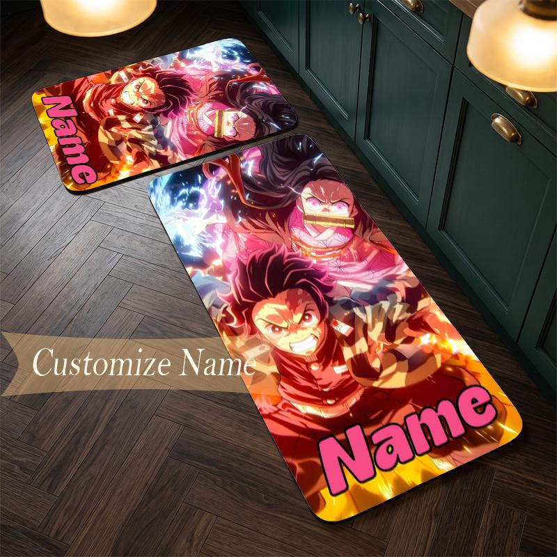 Nezuko & Tanjiro (1) Customize Name Flannel Kitchen Mat Soft Non-Slip Kitchen Floor Runner Rug for Home Kitchen Decor