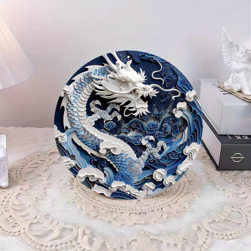 Wood Chinese Dragon Wooden Wall Sign, Round Art Decor, Abstract Paper Cut Design, Waterproof and Weather Resistant for Door, Wall, Home, Room