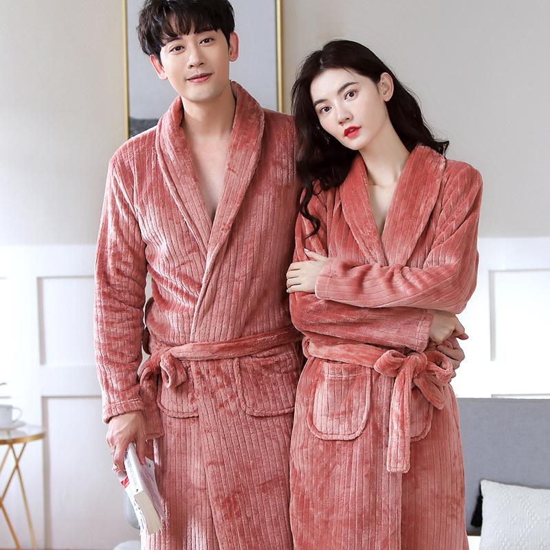 Cozy Coral Fleece Couple Pajamas Robe - Thick Warm Autumn Winter Bathrobe