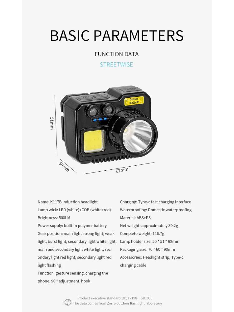 LED Headlight Mini Imitation Camera Smart Sensor Headlamp Rechargeable Head Mounted Torch 7 Lighting Modes Hiking Mining Fishing