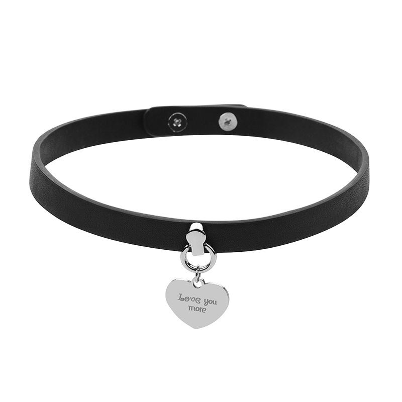 Women's Black Leather Heart Choker with Stainless Steel Pendant - Trendy and Versatile Fashion Necklace