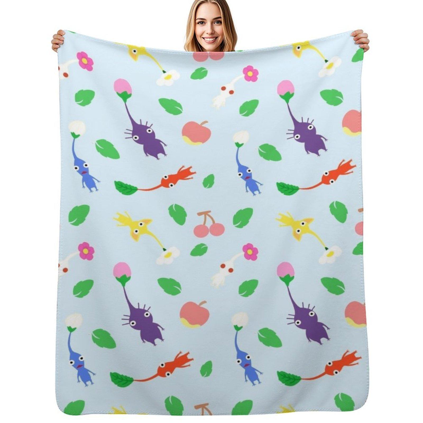 cute pikmin pattern blue Throw Blanket Lightweight Warm Blanket for Indoor Outdoor Use Size: 75*100cm, Weight: 230 GSM