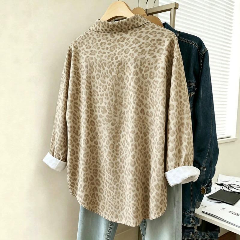 Women S Vintage Leopard Print Collared Loose Long Sleeve Shirt With Pocket