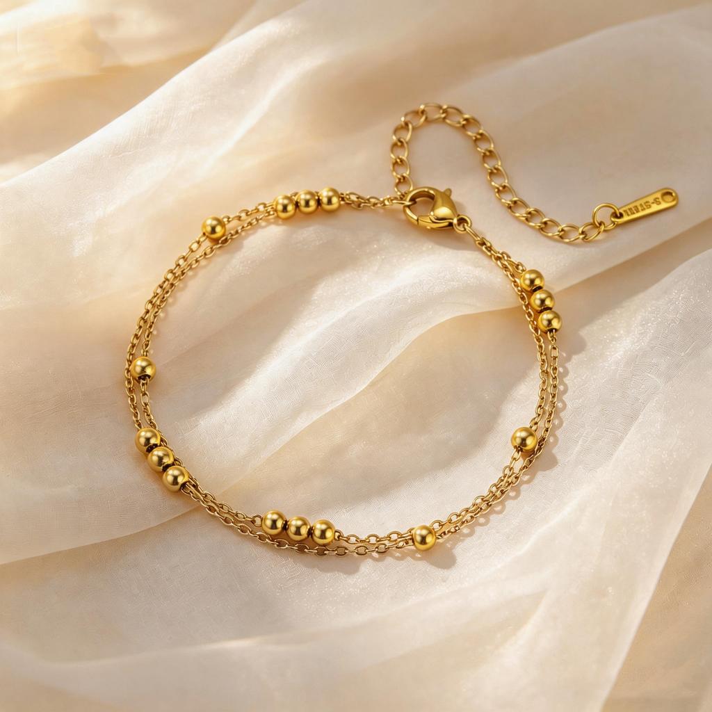 Gold Plated Double Layer Round Beads Bracelet, Stainless Steel Adjustable Thin Link Chain Bracelets, Luxury Jewelry for Women