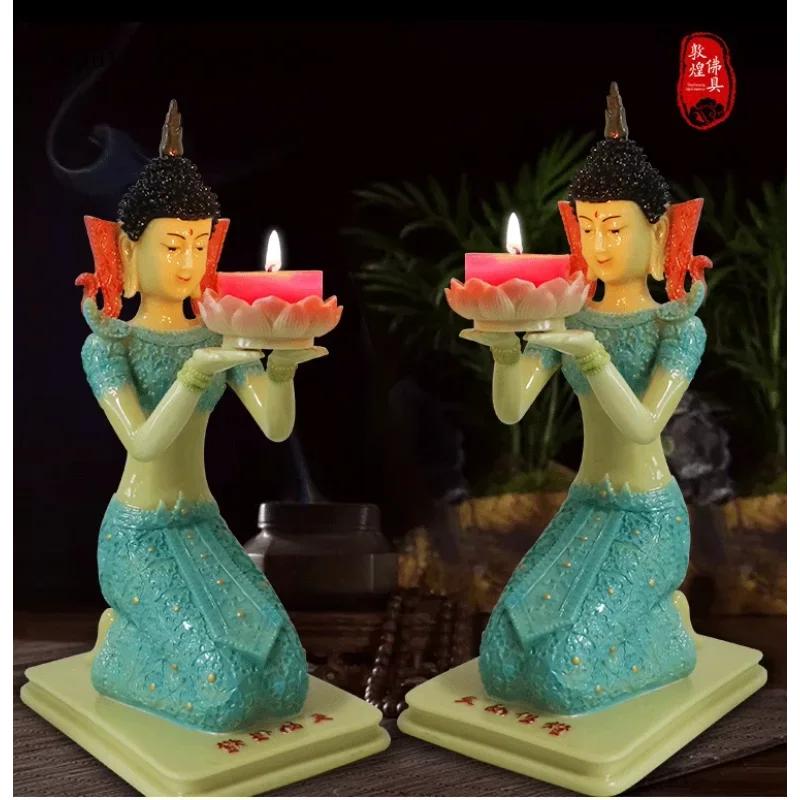 1 Pair Resin Dunhuang Fairy Lamp Holders Chinese Lotus Buddha Front Lamp Holder Offering Feng Shui Ornaments Candlestick Holder