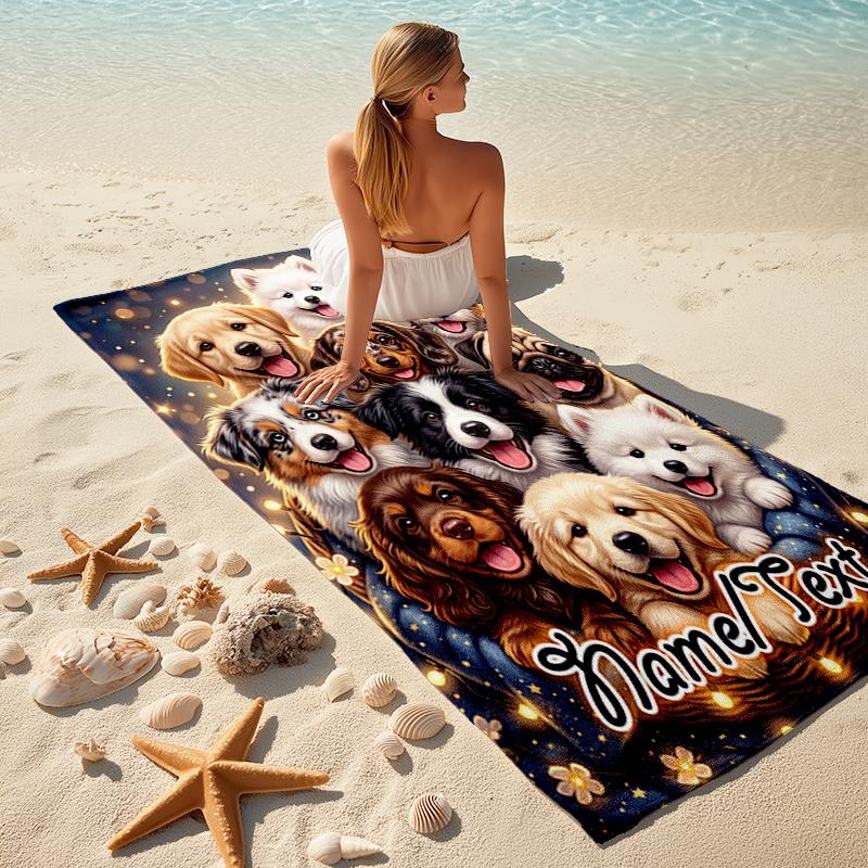 1PC Custom Name Puppy Basket Night Beach Towel Highly Absorbent And Sand-Resistant Towel for Swimming, Pool, Yoga, And Travel Lightweight