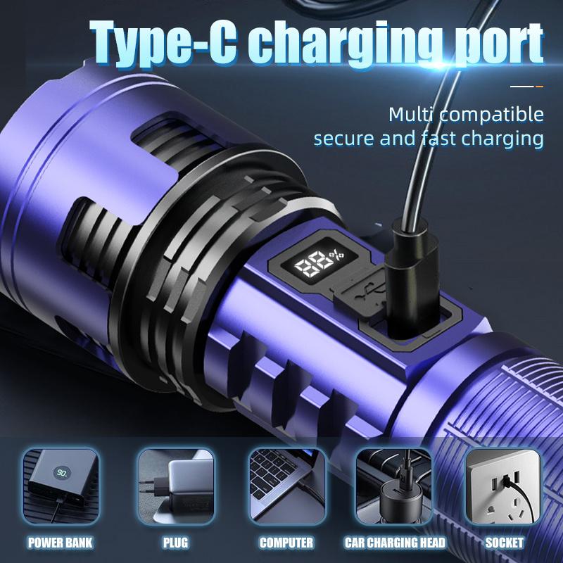 Multi functional strong light zoom flashlight, portable anti fall USB multi-mode outdoor work essential item, adventure hiking, emergency needs