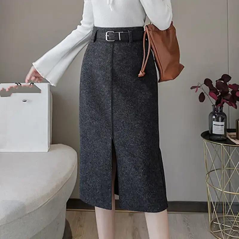 Gonna da Donna Autunno Inverno a Mezza Lunghezza, Colore Unito, in Lana, Slim, Linea ad A, Vita Alta, Lunghezza Media, Spacco sul Fianco