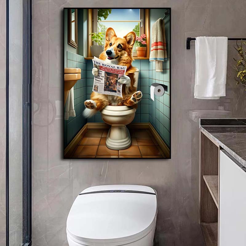 Modern Lion Dog Highland Sitting On Toilet Reading Newspaper Poster Funny Animal Print Canvas Painting Bathroom Decor Picture