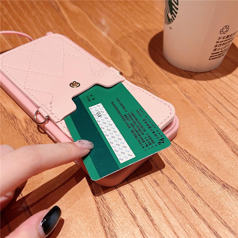 Leather Wallet Crossbody Lanyard Necklace Silicone Case For iPhone 16 14 12 15 13 Pro Max Slot Card Holder Shockproof Soft Cover