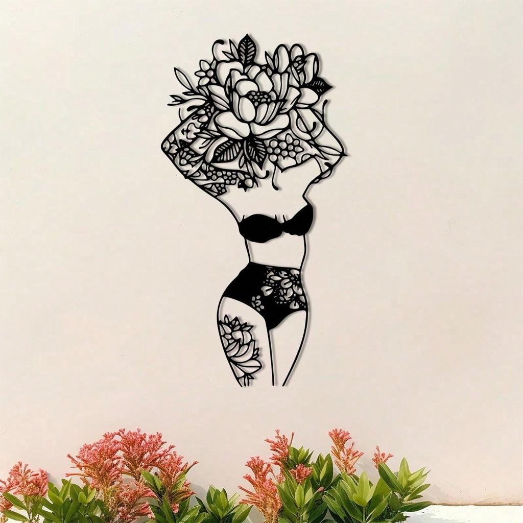 Floral Female Metal Wall Art Minimalist Line Sculpture Abstract Boho Decor Gift