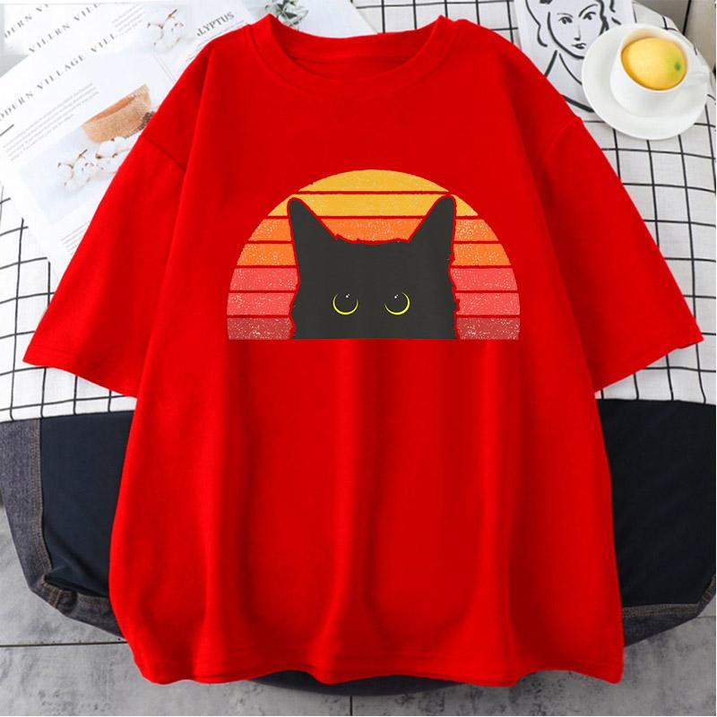 

Черный кот Летняя спортивная футболка для бега Винтажная ретро футболка Винтажная футболка владельца кошки Смешная кошачья морда Короткий рукав Футболка на Хэллоуин 4XL красный