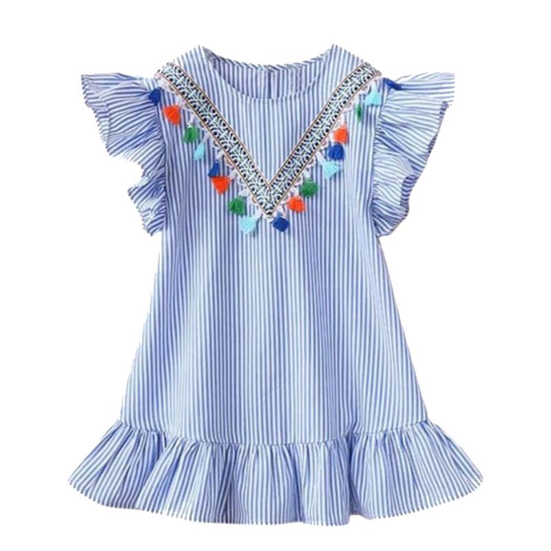 Summer Girls Short Sleeve Striped Print Dress Casual Baby Girl Cotton Sundress For Kids 90cm