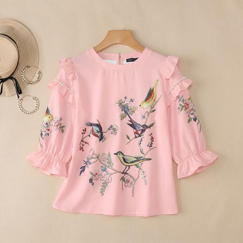 ZANZEA Women Casual Round Neck Loose Print 3/4 Sleeve Blouse