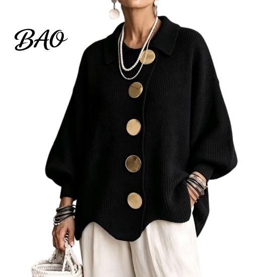 Frühling Herbst Pullover Damen Oversized Strick Cardigan Pullover, Hemdkragen Oberteil mit Großen Metall Freizeitknöpfen, Lockere Fledermausärmel für Weiche Hautfreundlichkeit