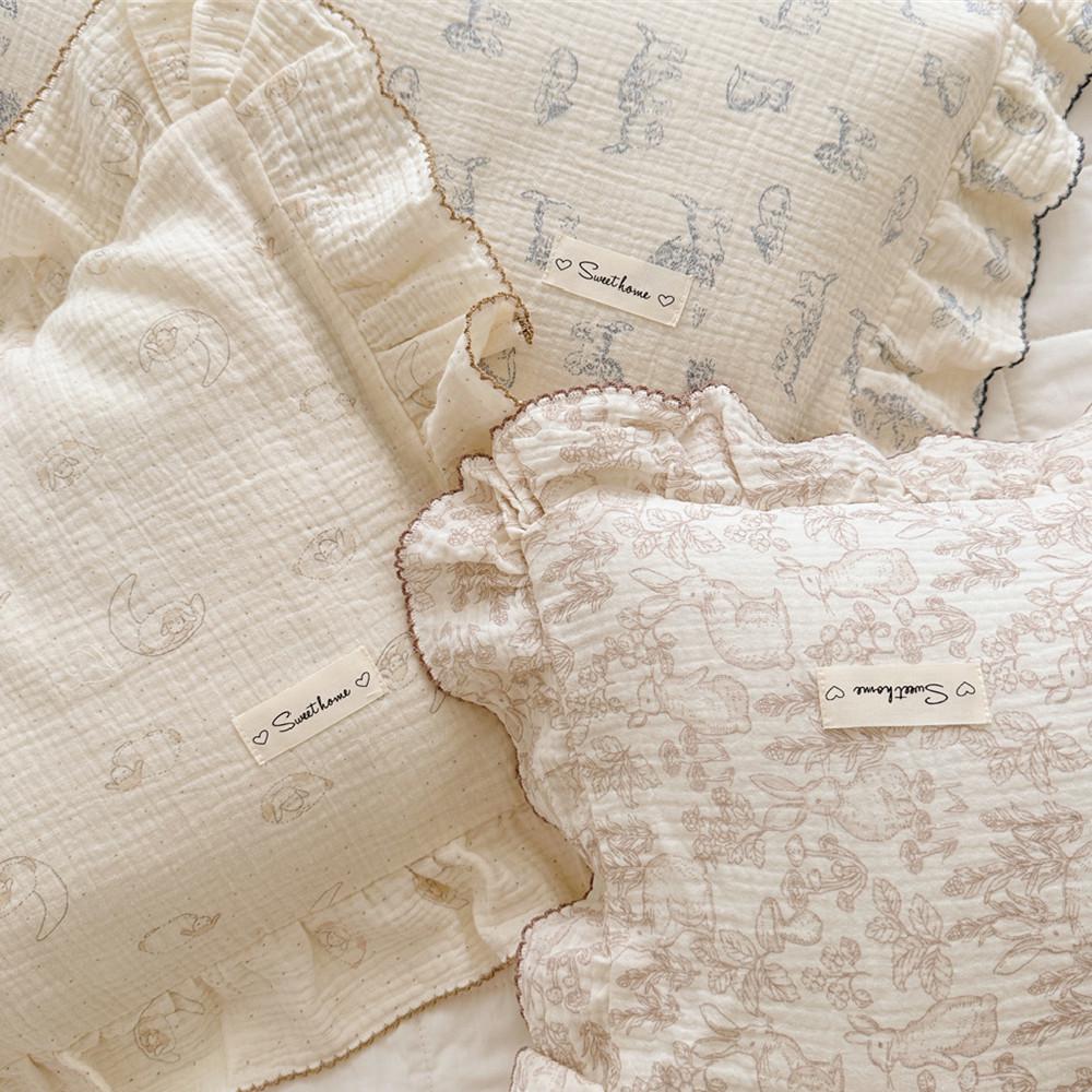 Small Floral Ruffle Lace Double Layer Cotton Gauze Pillowcase for Kindergarten