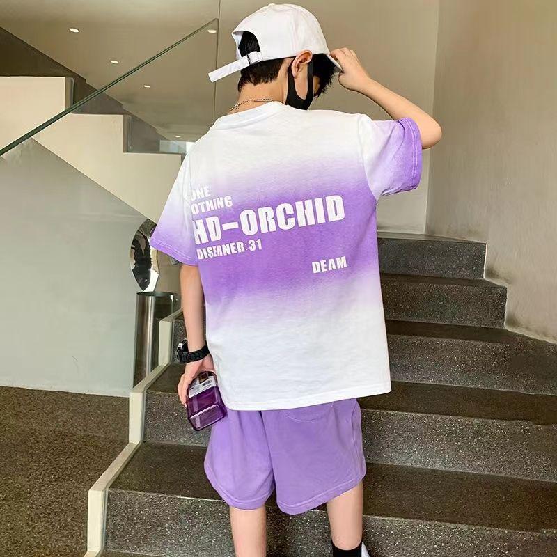 Children's Boy Clothes Set Summer Gradient Letter T-shirts and Shorts Suit Teenage Short Sleeve Top Bottom 2 Pieces Tracksuit